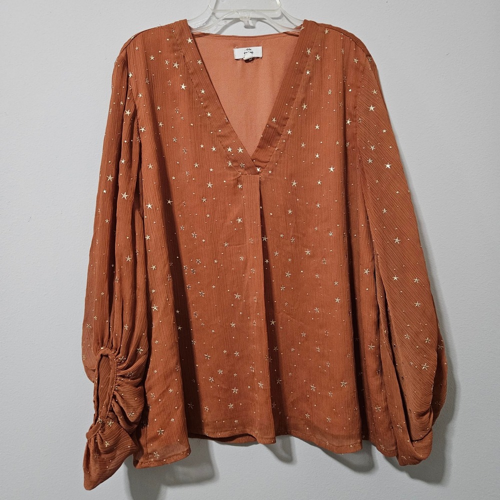 Entro Rust Orange Gold‎ Foil Star Celestial V-Neck Balloon Sleeve Blouse Small